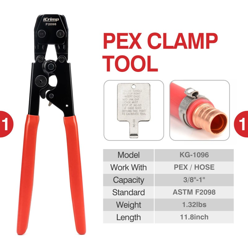 iCrimp KIT-1096D PEX Clamp Tool Kit for 3/8 to 1 inch PEX Cinch Clamps  with 20pcs 1/2 inch & 10pcs 3/4 inch PEX Cinch Clamp Rings  PEX Tubing Cutter  All-in-one PEX Crimping Tool Kit - Image 2